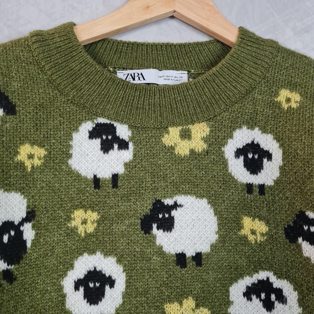 Zara Sweater Womens Medium Green Sheep Floral Graphic Knit Pullover Kawaii - Picture 2 of 16